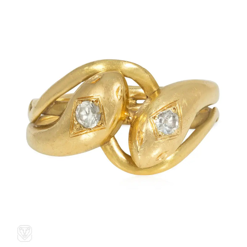 French antique diamond and gold entwined double snake ring