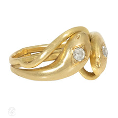 French antique diamond and gold entwined double snake ring