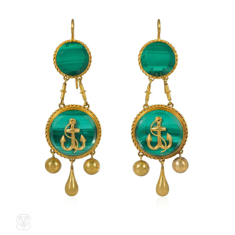 French antique nautical gold and malachite earrings