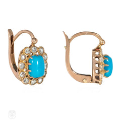 French antique turquoise and diamond cluster earrings