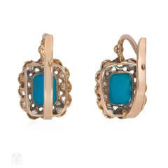 French antique turquoise and diamond cluster earrings