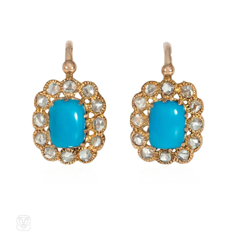 French Antique Turquoise And Diamond Cluster Earrings