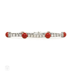 French Art Deco coral and diamond line bracelet