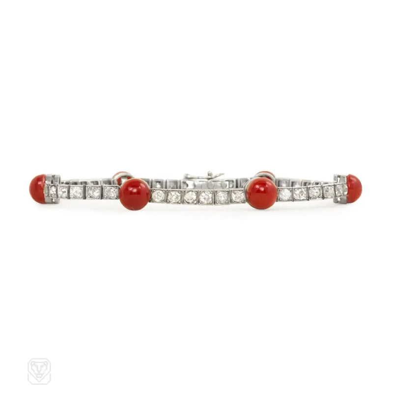 French Art Deco Coral And Diamond Line Bracelet