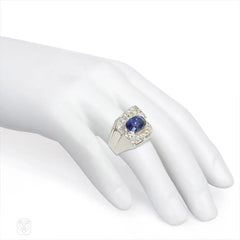 French Art Deco diamond and Ceylon sapphire ring