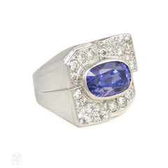 French Art Deco diamond and Ceylon sapphire ring