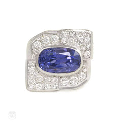 French Art Deco diamond and Ceylon sapphire ring
