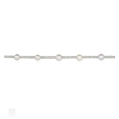 French Art Deco diamond and pearl bar brooch