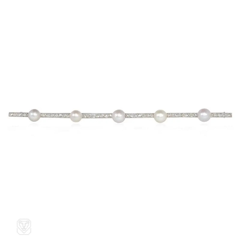 French Art Deco Diamond And Pearl Bar Brooch