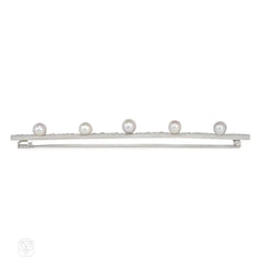 French Art Deco diamond and pearl bar brooch
