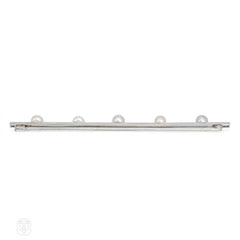 French Art Deco diamond and pearl bar brooch