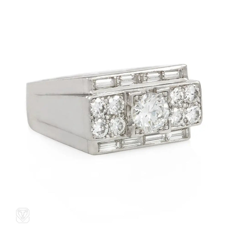 French Art Deco Geometric Diamond And Platinum Ring