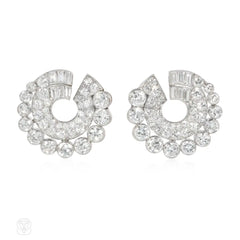 French Art Deco multi-cut diamond and platinum bypass hoop earrings