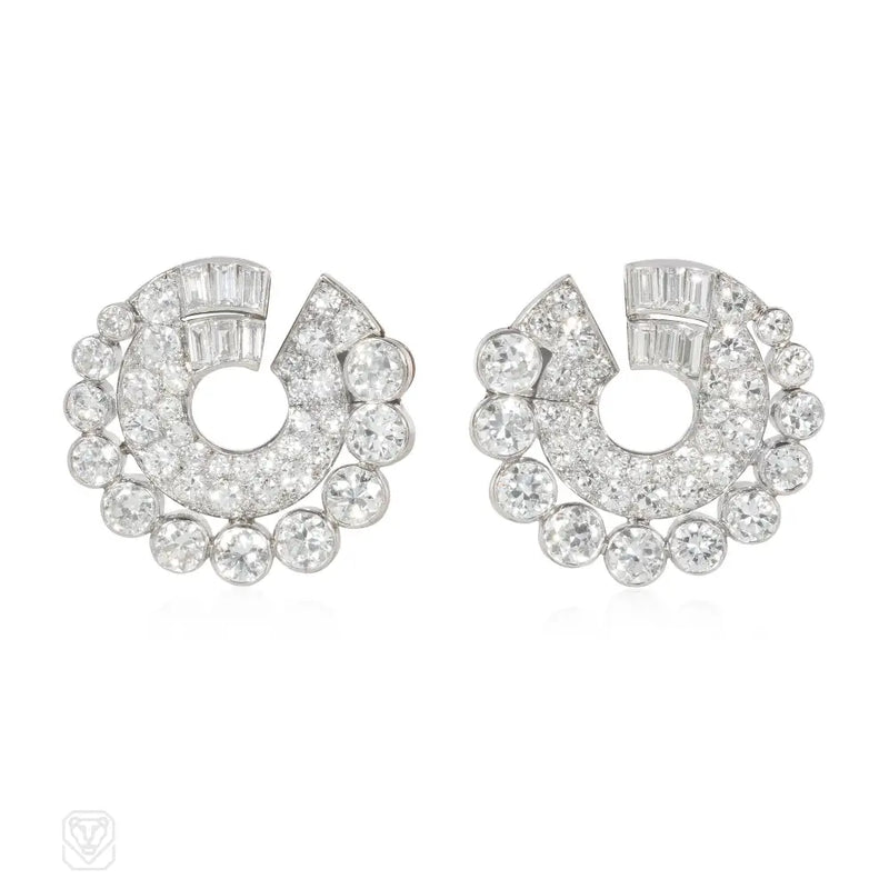 French Art Deco multi-cut diamond and platinum bypass hoop earrings