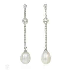 French Art Deco natural pearl and diamond pendant earrings