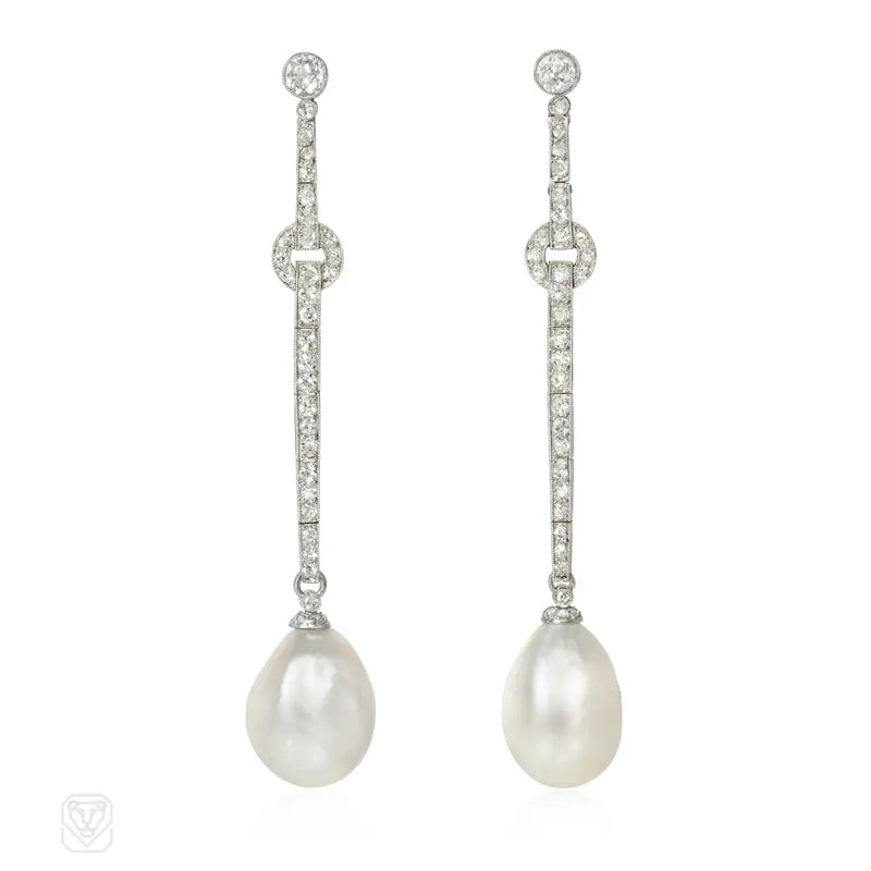 French Art Deco natural pearl and diamond pendant earrings