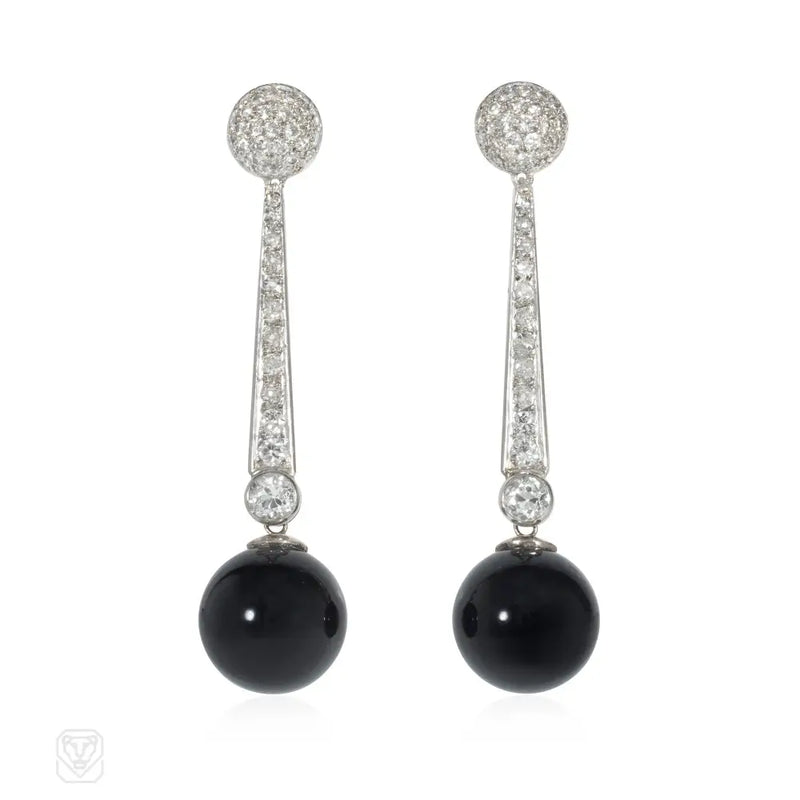 French Art Deco Onyx And Diamond Earrings