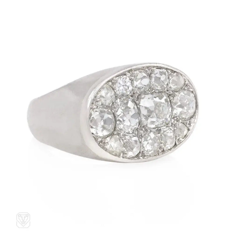 French Art Deco Oval Pavé Diamond Ring