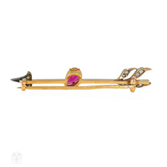 French Art Deco ruby and diamond Cupid's arrow pin
