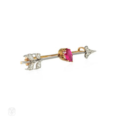 French Art Deco ruby and diamond Cupid's arrow pin