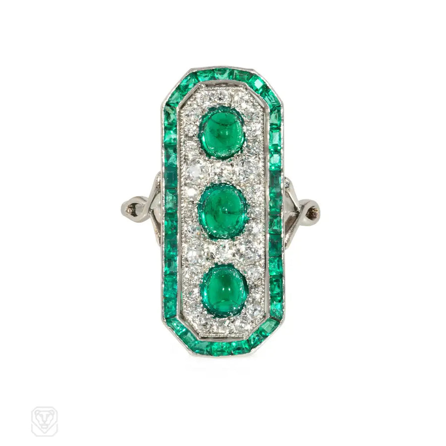 French Belle Epoque Cabochon Emerald And Diamond Ring