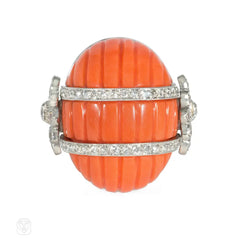 French coral and diamond Art Deco ring