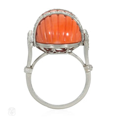 French coral and diamond Art Deco ring