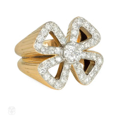 French gold and diamond quatrefoil cocktail ring