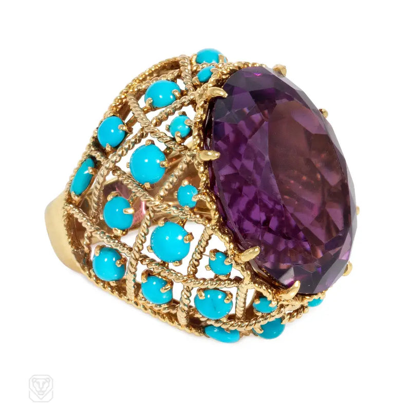 French Mid-Century amethyst and turquoise cocktail ring
