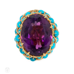 French Mid-Century amethyst and turquoise cocktail ring