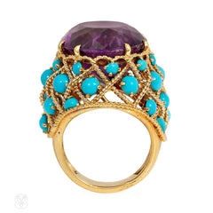French Mid-Century amethyst and turquoise cocktail ring