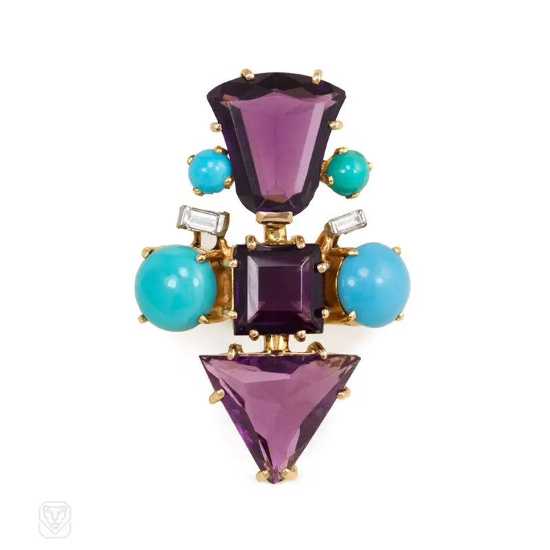 French Mid - Century Amethyst Turquoise And Diamond Cocktail Ring