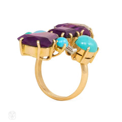 French mid-century amethyst, turquoise and diamond cocktail ring