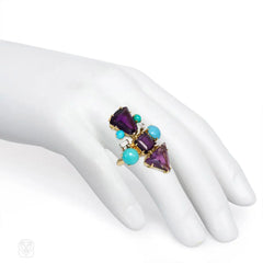 French mid-century amethyst, turquoise and diamond cocktail ring