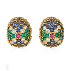 French Mid-century bombé gold and multigem earrings