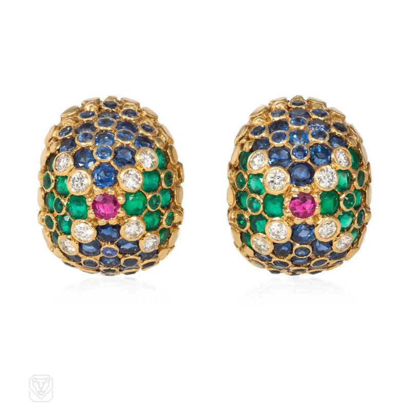 French Mid - Century Bombé Gold And Multigem Earrings