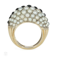 French mid-century "Boule" style onyx and pearl ring