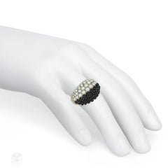 French mid-century "Boule" style onyx and pearl ring