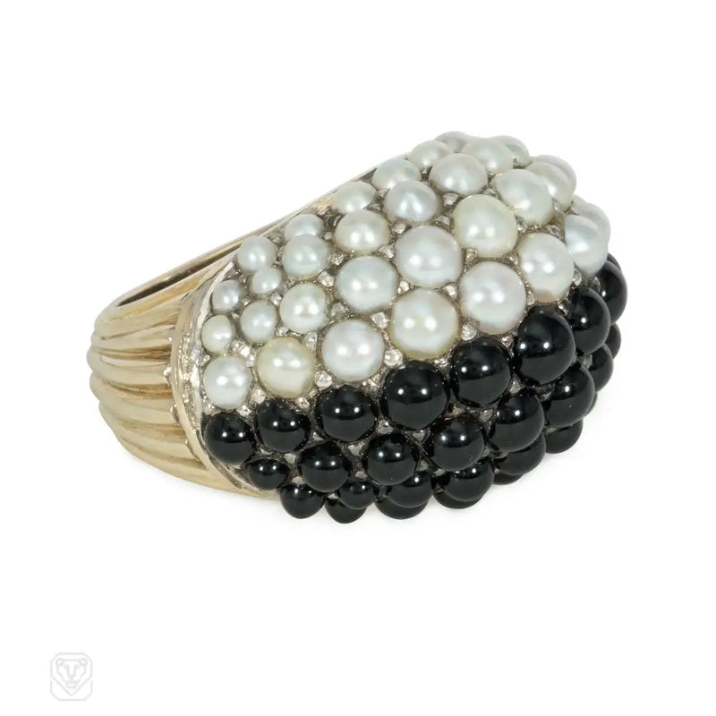 French Mid - Century ’Boule’ Style Onyx And Pearl Ring
