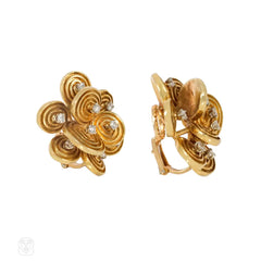 French Mid-Century gold and diamond cluster earrings