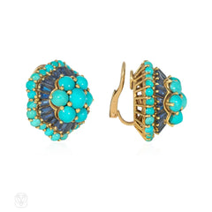 French Mid-century turquoise and sapphire earrings