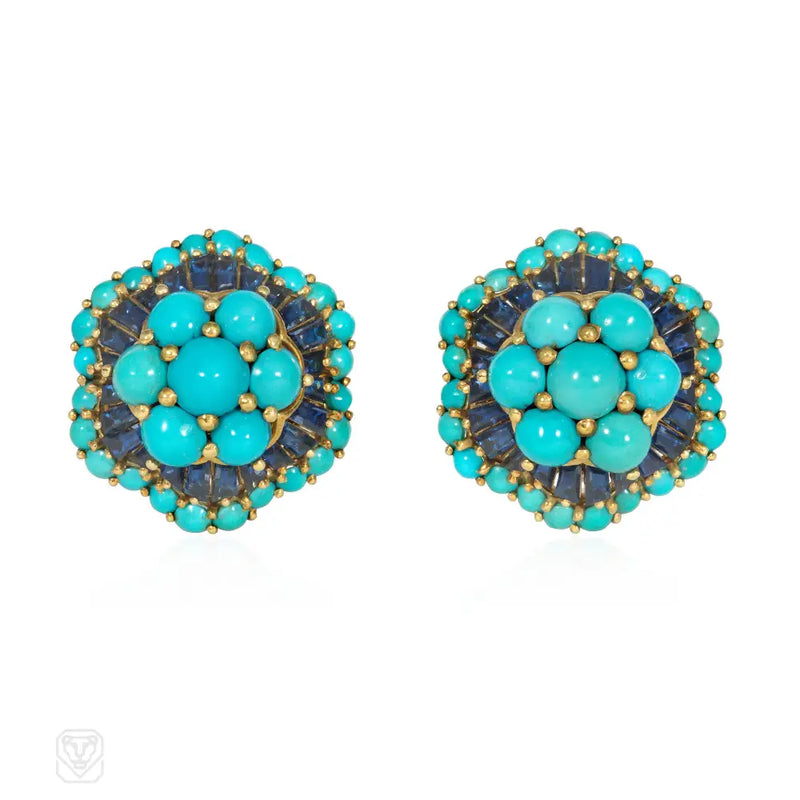 French Mid - Century Turquoise And Sapphire Earrings