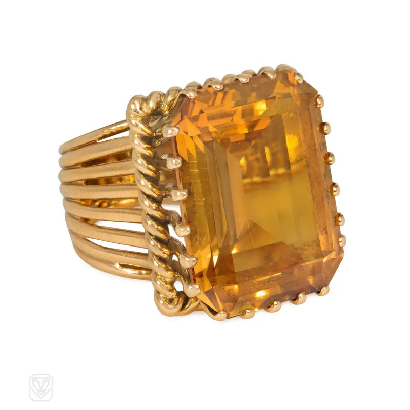 French Retro Gold And Citrine Ropetwist Cocktail Ring