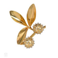 French Retro gold and diamond leaves and chestnuts brooch