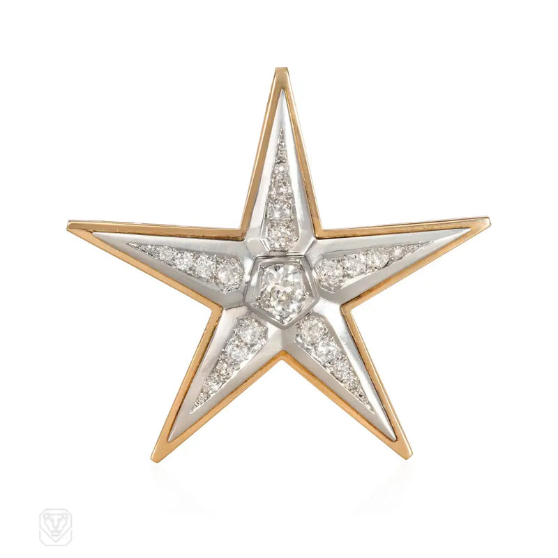 French Retro Gold And Diamond Star Brooch