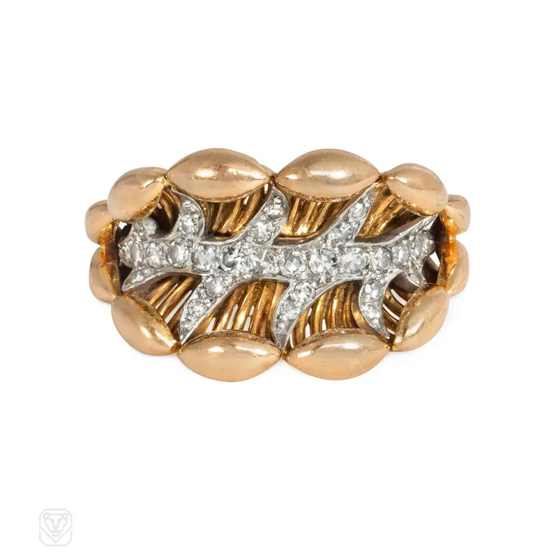 French Retro Rose Gold And Diamond Leaf Ring