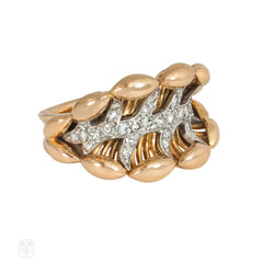 French Retro rose gold and diamond leaf ring