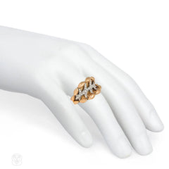 French Retro rose gold and diamond leaf ring