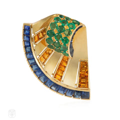 French Retro scroll brooch with sapphires and emerald