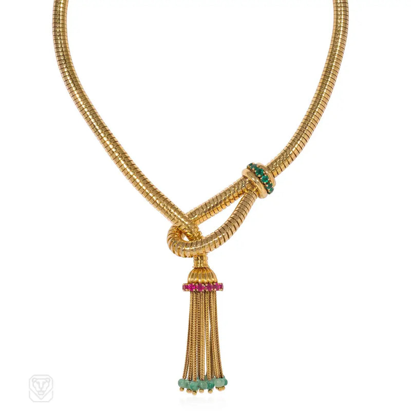 French Turbogas Emerald And Ruby Tassel Necklace